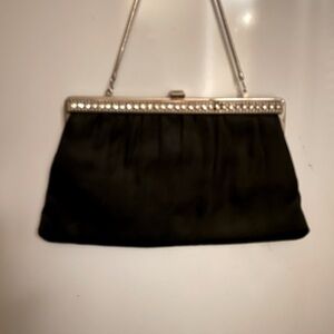 HL VINTAGE Black satin clutch purse. Gem Silver costume jewelry accented.
